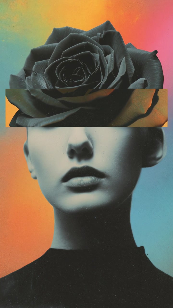 Surreal Portrait of a Woman with a Rose Over Her Eyes