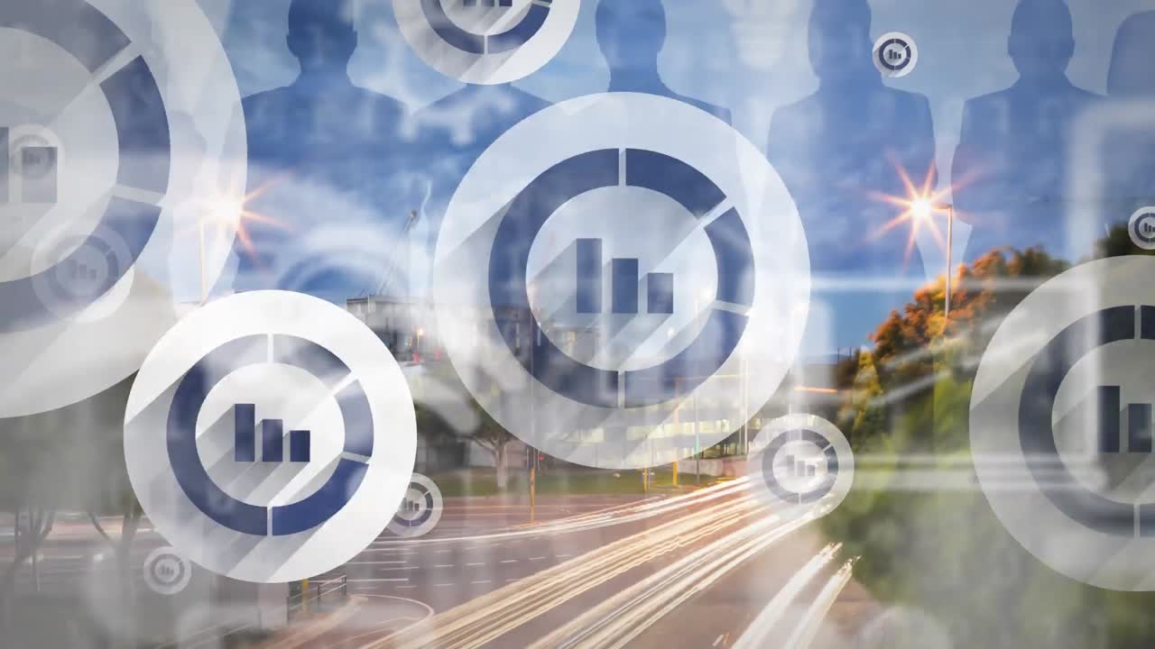 animación de iconos digitales sobre el fondo del paisaje urbano