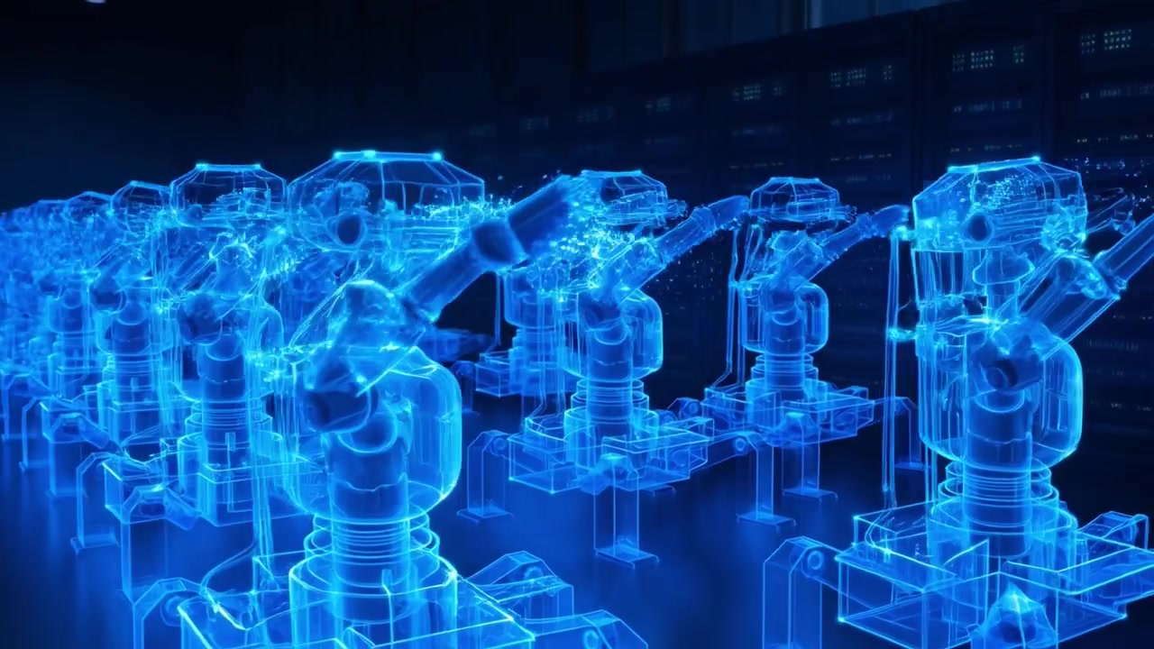 Holographic Blue Robots Activating in a Futuristic Data Center