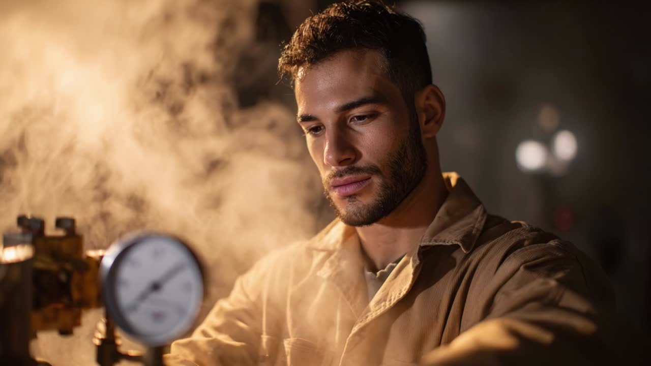 Engineer working with steam and machinery