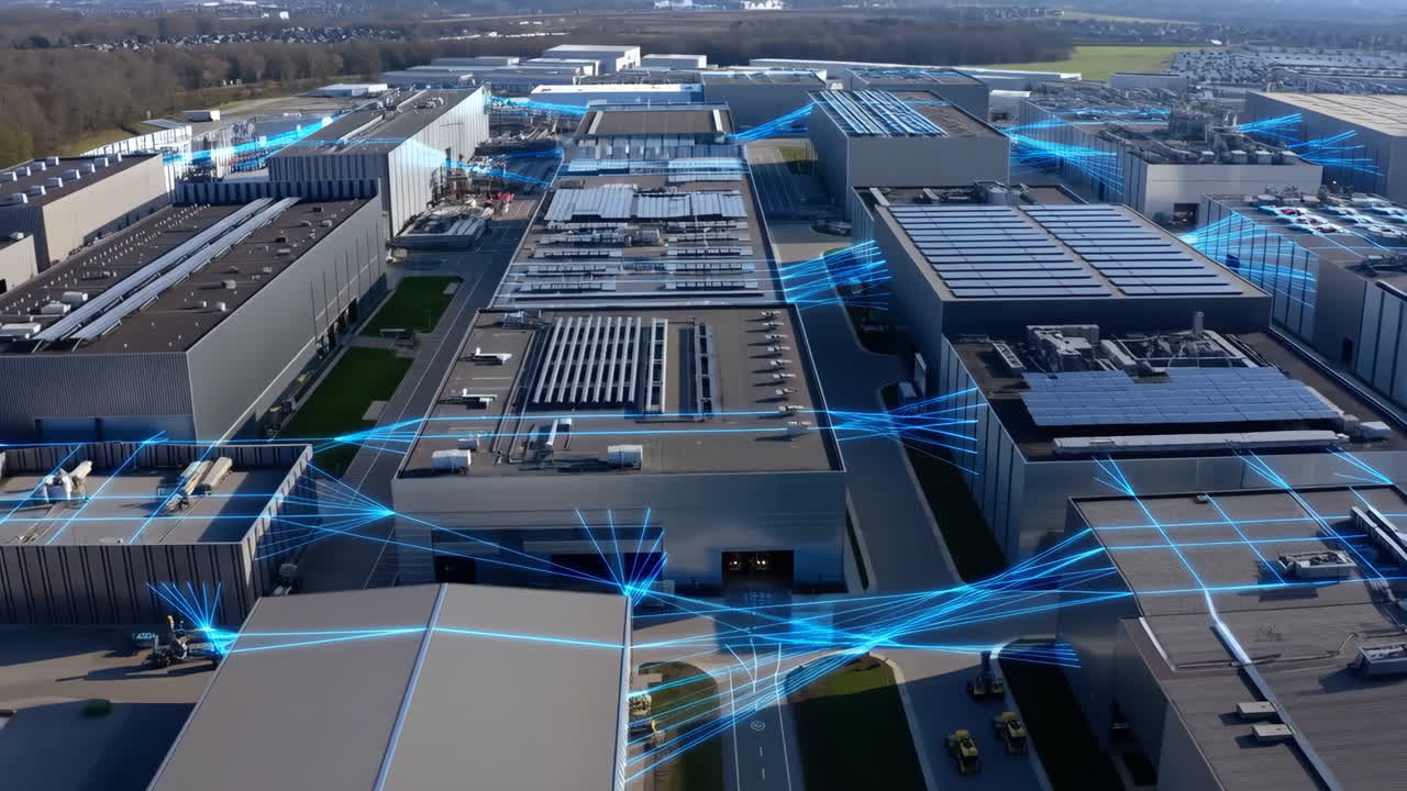 Aerial View of a Modern Industrial Complex with Digital Network Overlay