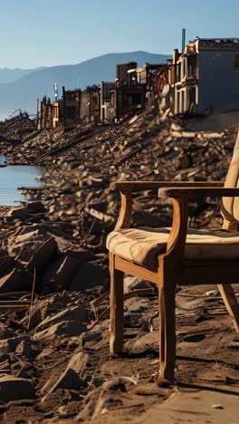 abandoned chair by the river in a deserted town at sunrise