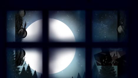 marco de la ventana sobre santa claus en trineo siendo tirado por renos contra el cielo nocturno
