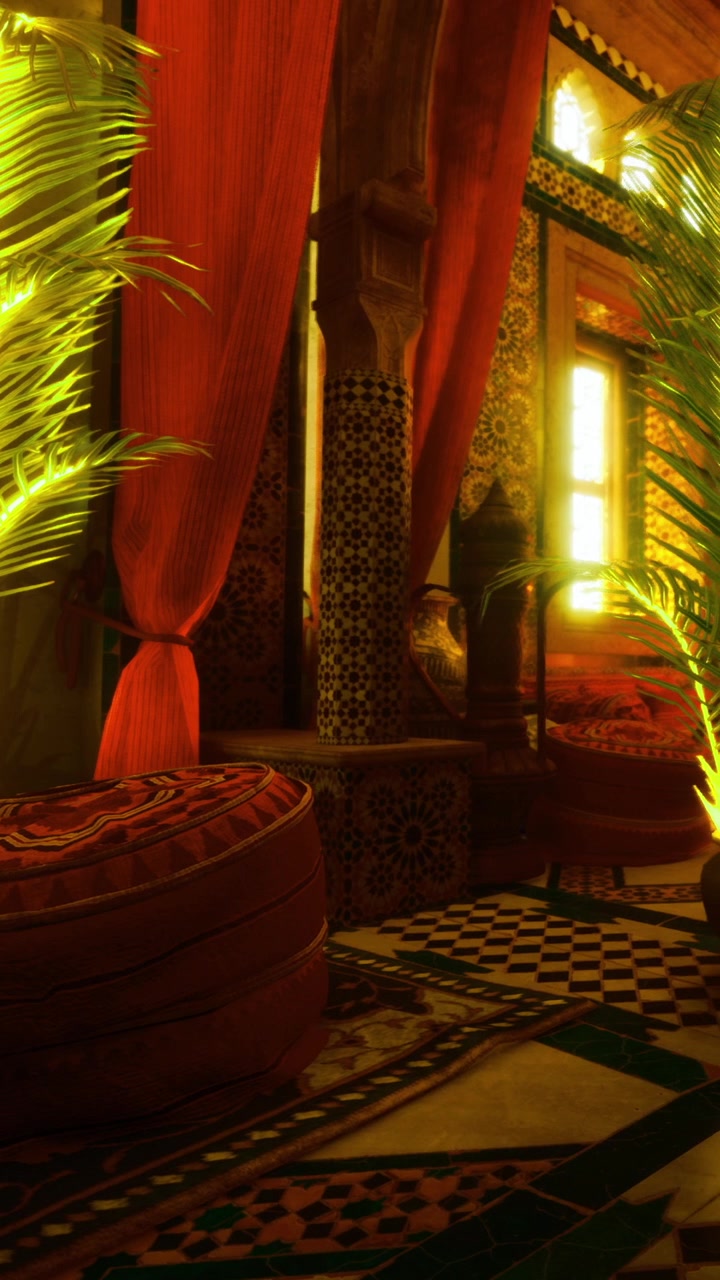 Moroccan interior with cushions and plants during sunset hours