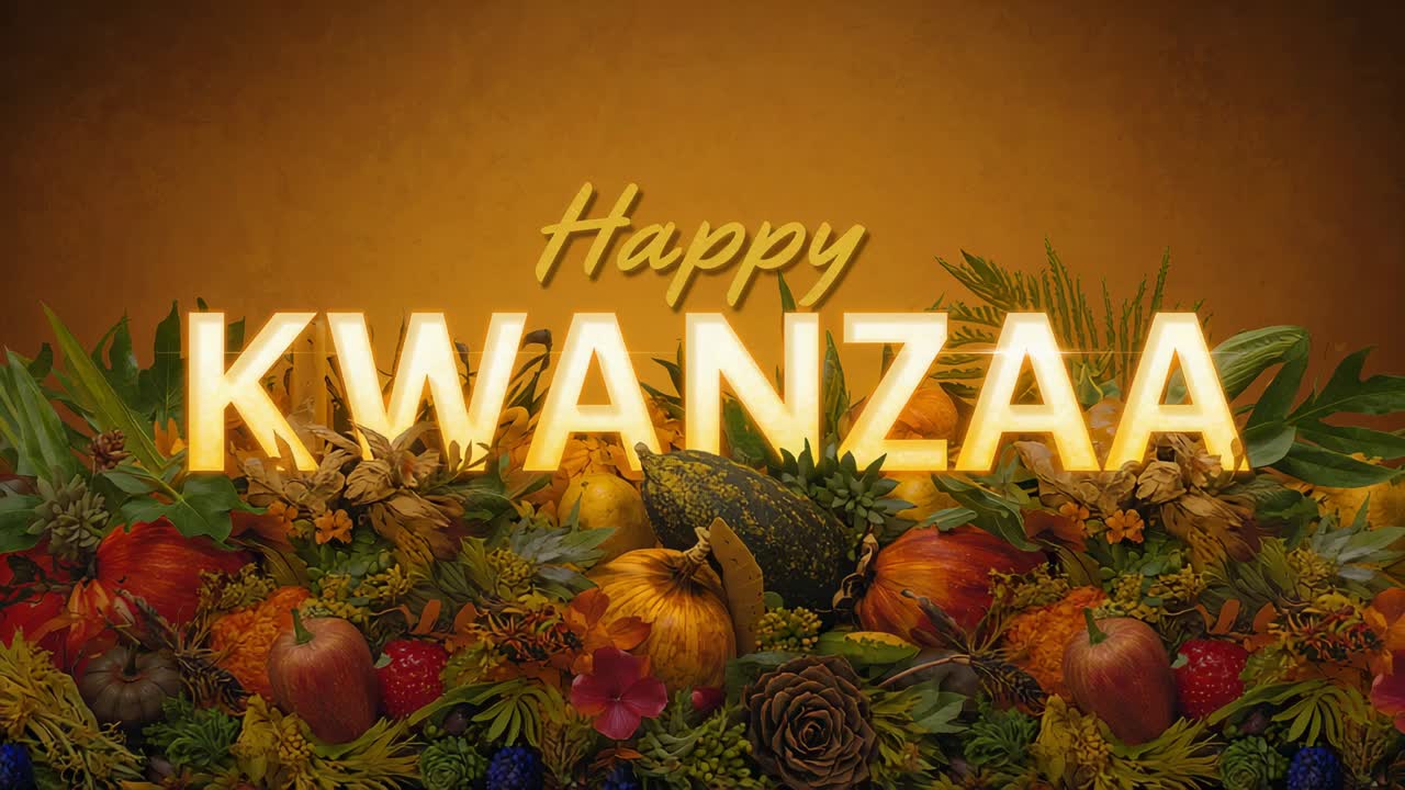 Lighting rising, gold Happy above 3D KWANZAA glowing on stage, harvest display celebrating Kwanzaa