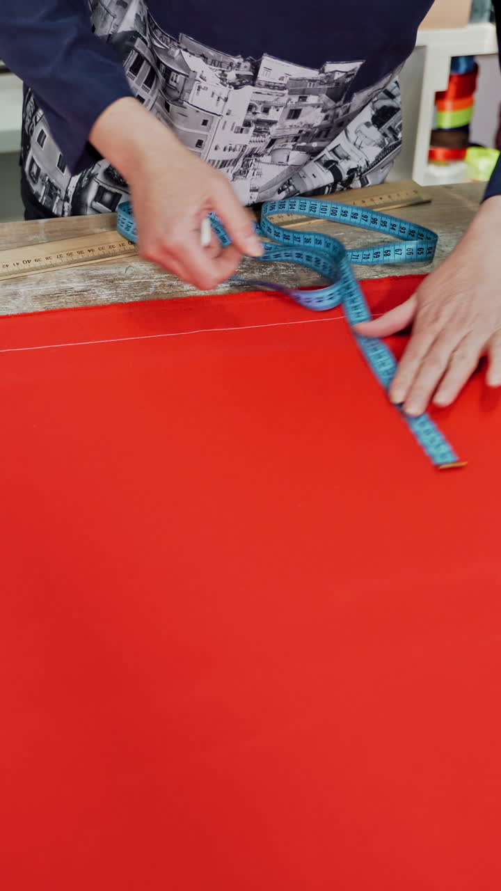 Woman's hands measuring red fabric with blue tape measure on a table ...