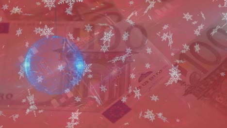 animation of snow falling and bauble over euro banknotes and padlock icon