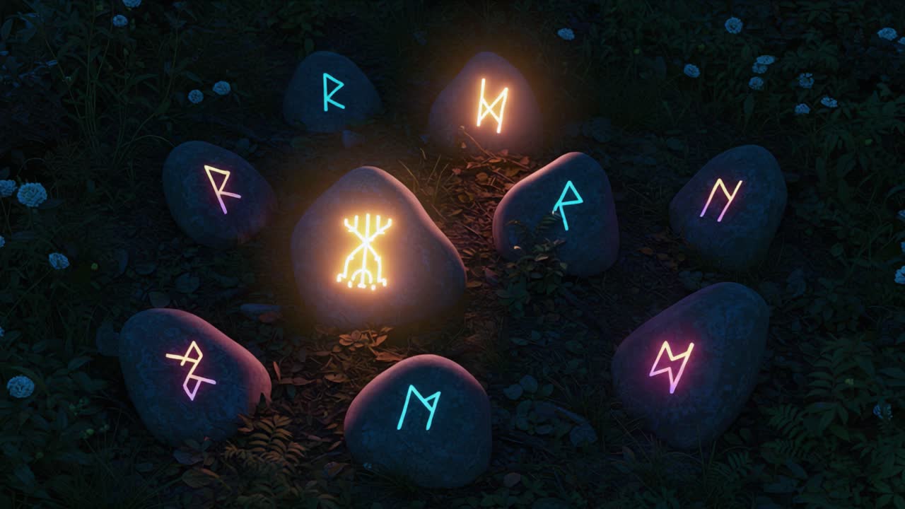 A Mystical Gathering of Illuminated Runestones in a Serene Forest Setting, Each Stone Emitting a Unique Glowing Symbol Under the Night Sky