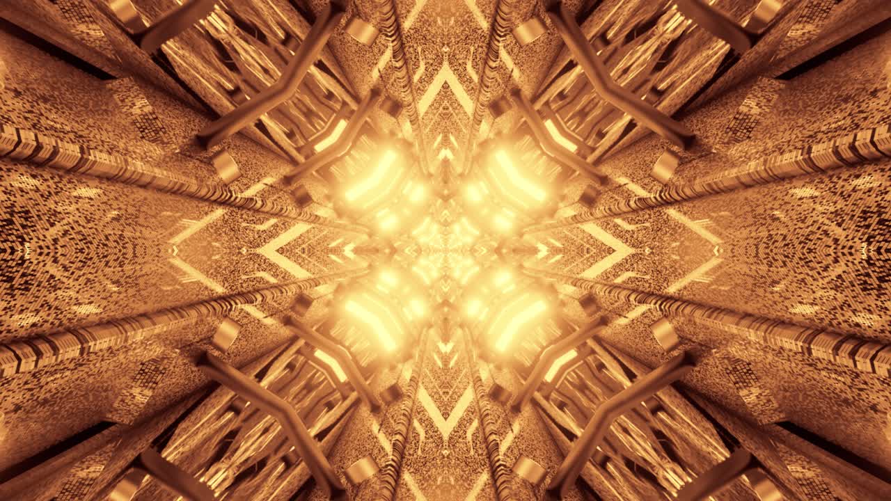 구조와 같은 복잡한 기계의 끝없는 터널 루프에서 황금빛 따뜻한 빛