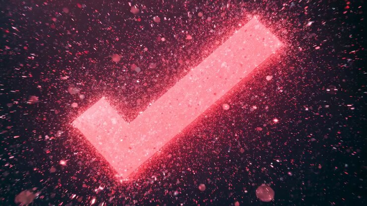 Bursting stylized neon pink check mark sending particles outward in studio, signaling success