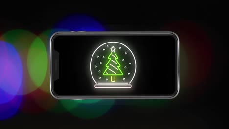 Animation-of-christmas-tree-on-smartphone-over-light-spots