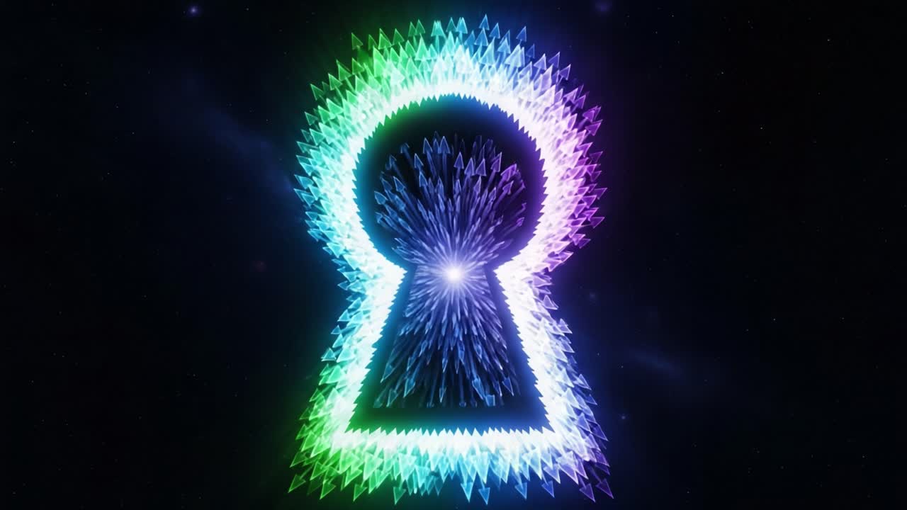 A Glimmering Keyhole Surrounded by Dazzling Geometric Patterns, Evoking a Sense of Mystery and Wonder in a Cosmic Landscape of Light and Color