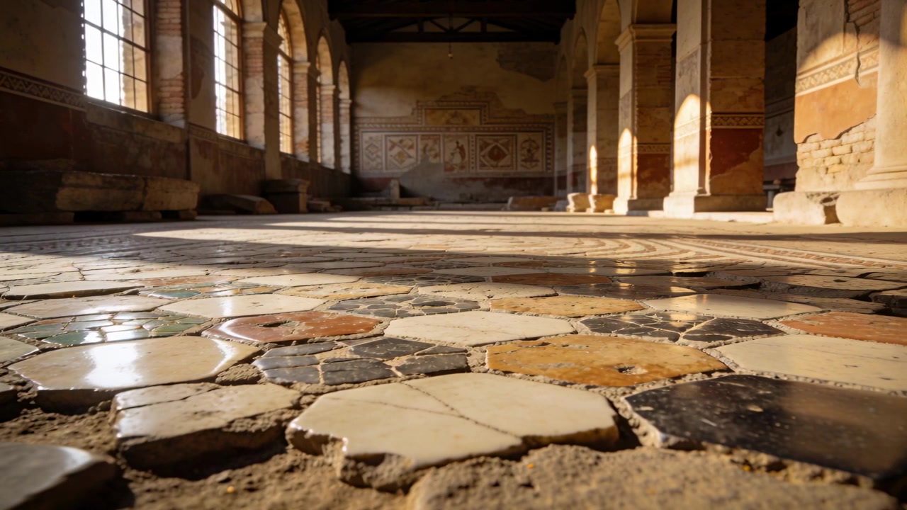 La telecamera si allontana rivelando un pavimento a mosaico in un corridoio con alte finestre e colonne che mostrano la texture.
