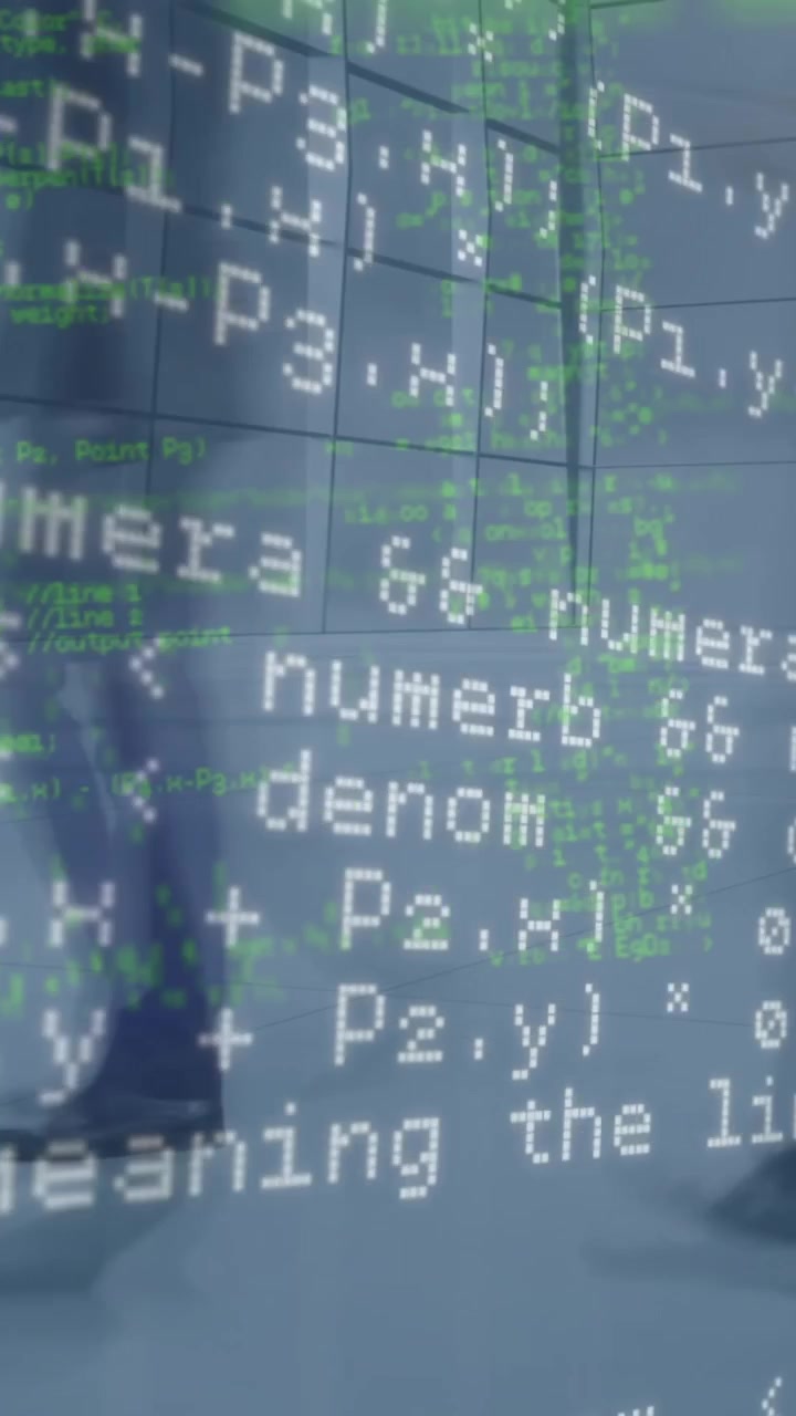 Animazione di elaborazione dati su turbina eolica e codice binario.