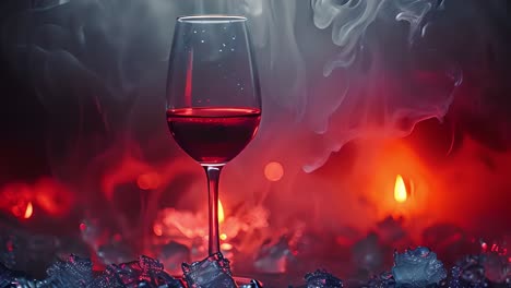 red wine glass with smoky red background and ice