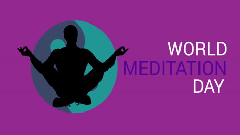 animación del texto del día mundial de la meditación con una silueta de hombre meditando sobre un fondo púrpura