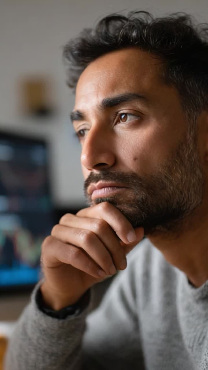 Persona riflessiva che analizza i dati sullo schermo di un computer, immersa nei suoi pensieri con espressione concentrata, in un ambiente di home office informale