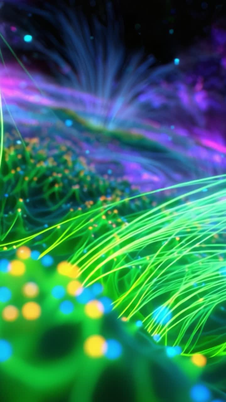 Un'esplorazione vivida di schemi di luce dinamici e forme astratte che catturano l'essenza dell'energia e del movimento all'interno di un paesaggio digitale colorato.
