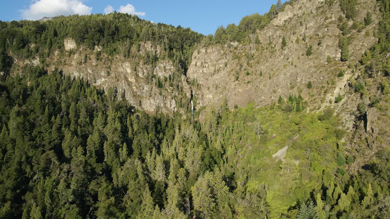 dolly aéreo volando sobre bosques de cipreses y corbata blanca cascada de deshielo entre montañas, patagonia argentina