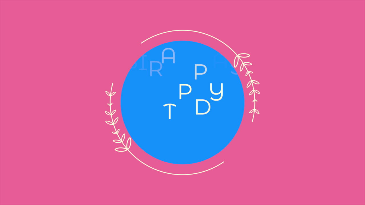 분홍색 현대 그라데이션에 파란색 원 안에 잎이 있는 생일 축하합니다