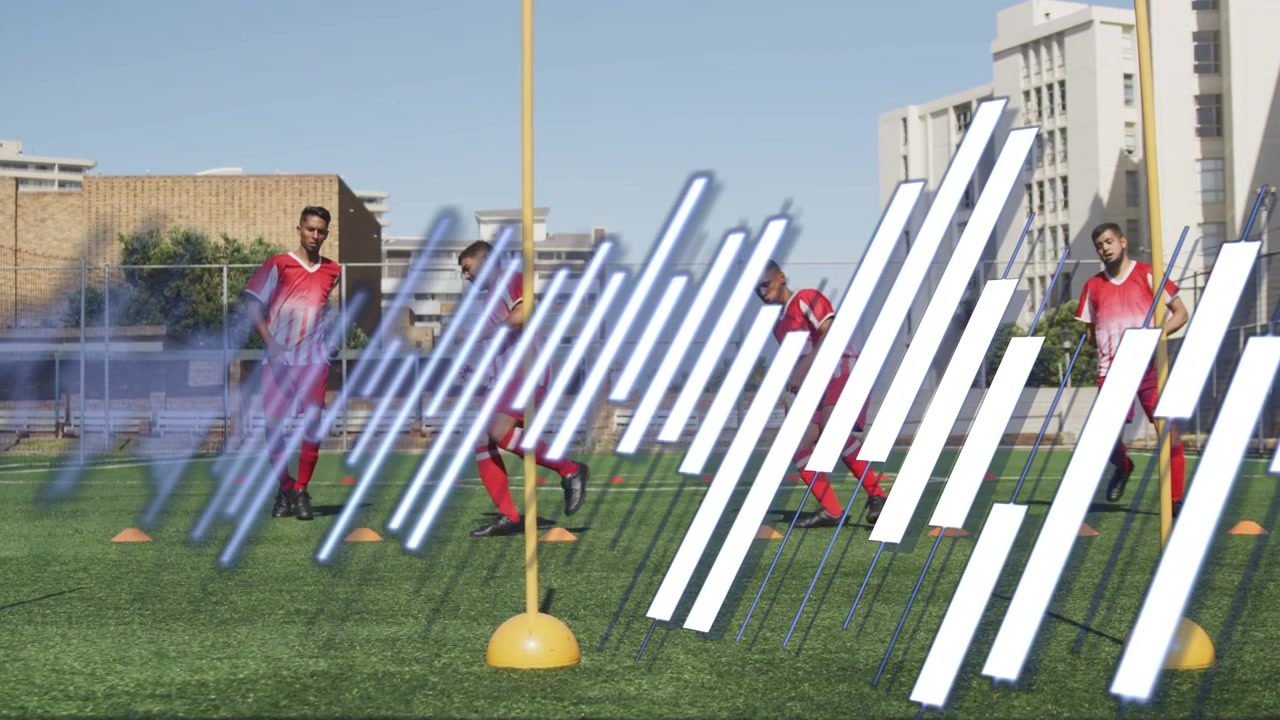 Players stepping forward, running sports drill through cones on turf while diagonal bars mask them