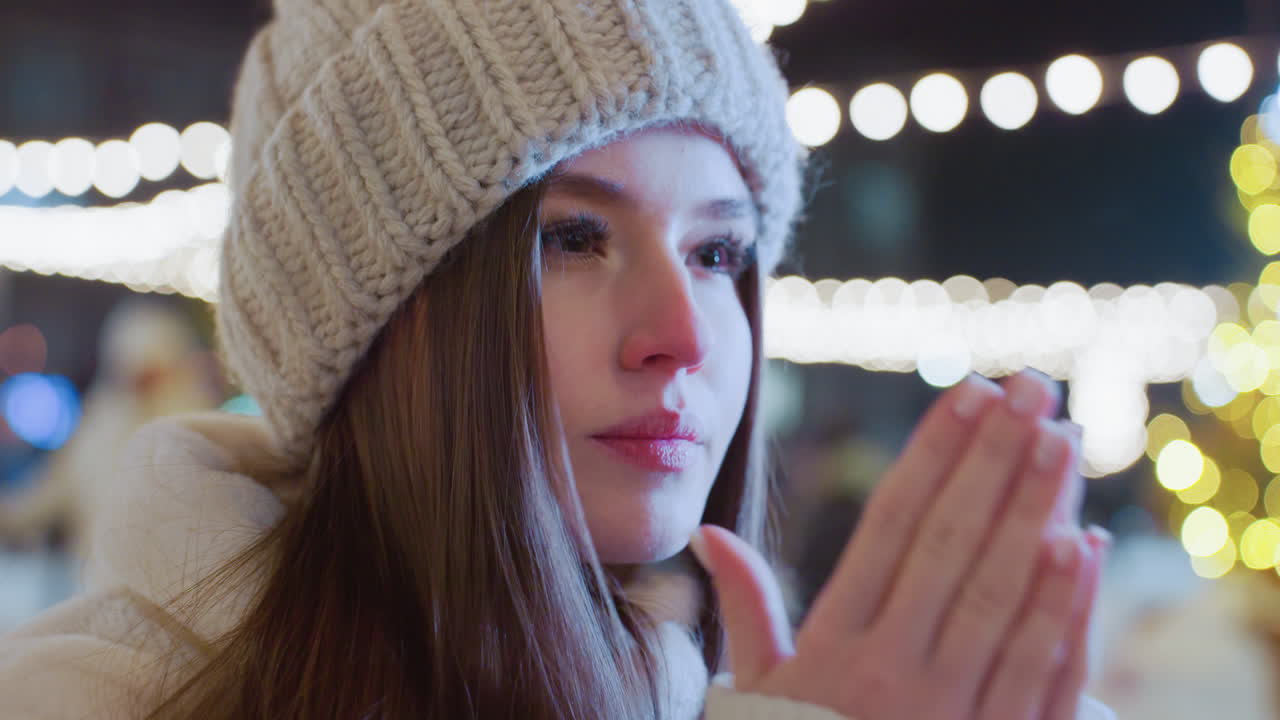 Close-up of young woman in knitted beanie and winter coat, covering her face with hands as she breathes into them for warmth, festive city lights glow in background with people moving around