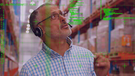 animation of data processing over man working in warehouse