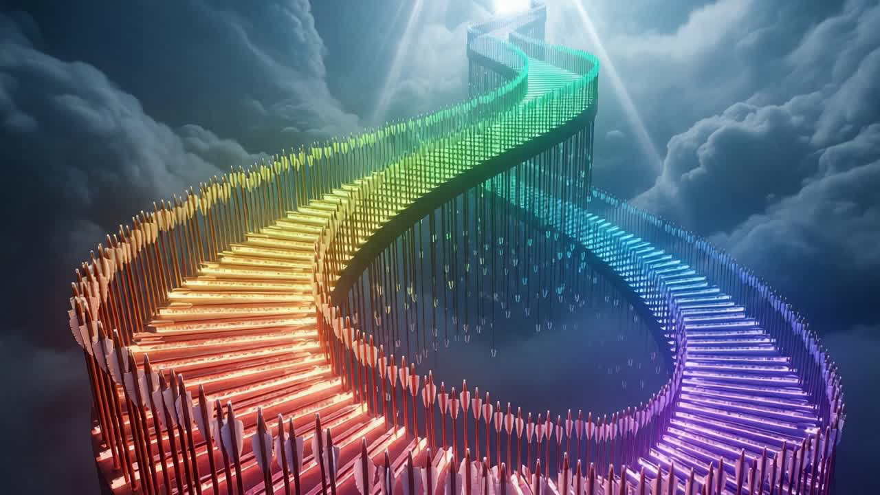 A Surreal Journey Through a Twisting, Colorful Staircase in the Clouds: An Infinite Path of Light and Reflection Leading Towards the Bright Horizon