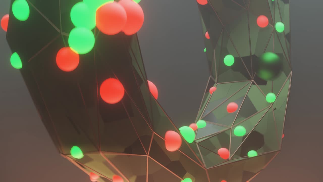 4k видео анимация абстрактного 3d рендеринга научно-фантастического объекта в форме тора с зелено-красной цветовой сферой, растущей и исчезающей эффектом, движущейся в красивой туманной среде.