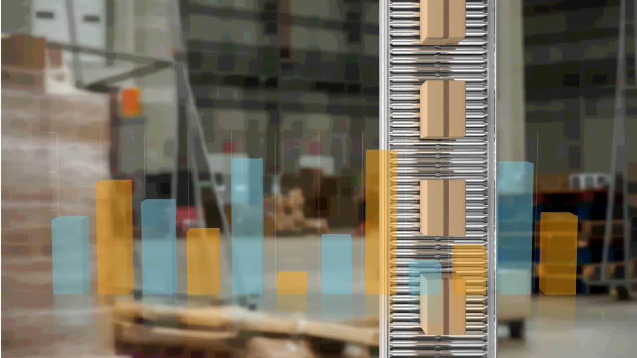 Animation of statistics processing and packages on belt conveyor roller over shelves in warehouse