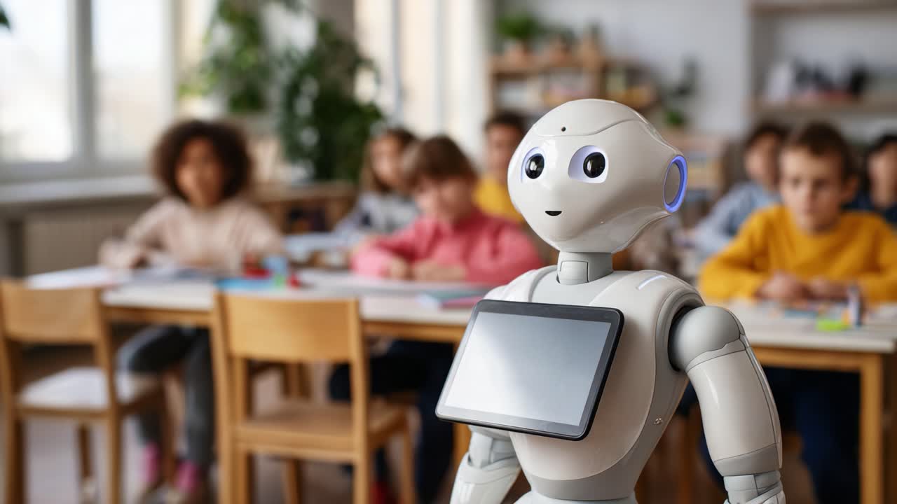 テクノロジーとイノベーションを促進する現代的な教育環境で、子供たちが学び、交流する方法を教えるフレンドリーなロボットがいる教室
