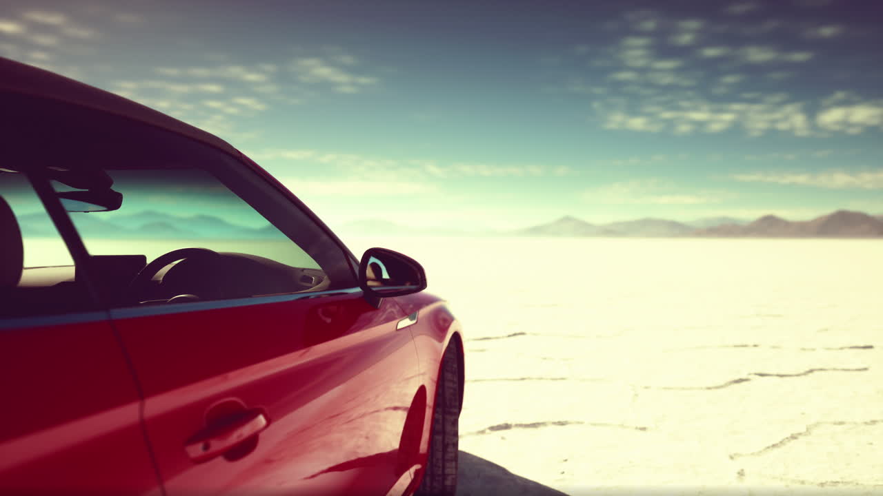 Auto rossa in un paesaggio desertico
