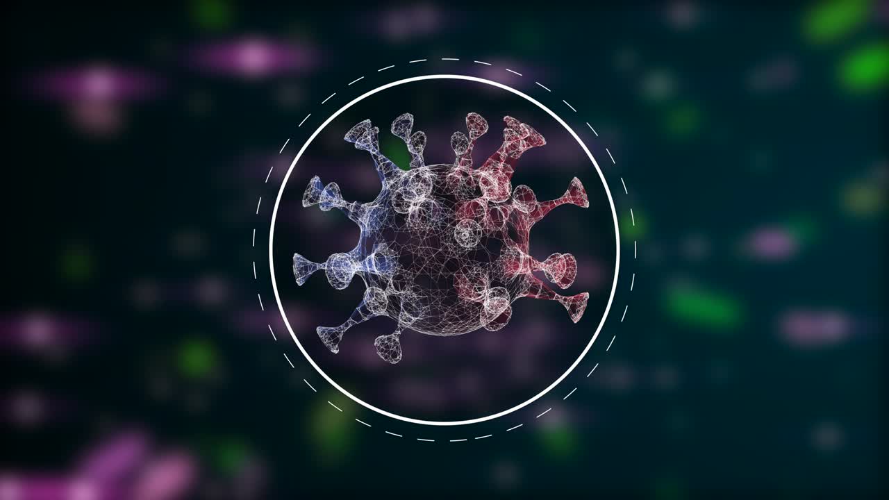 brote patógeno de virus. célula peligrosa multicolor girando dentro de un círculo brillante sobre un fondo oscuro de rayos láser brillantes.