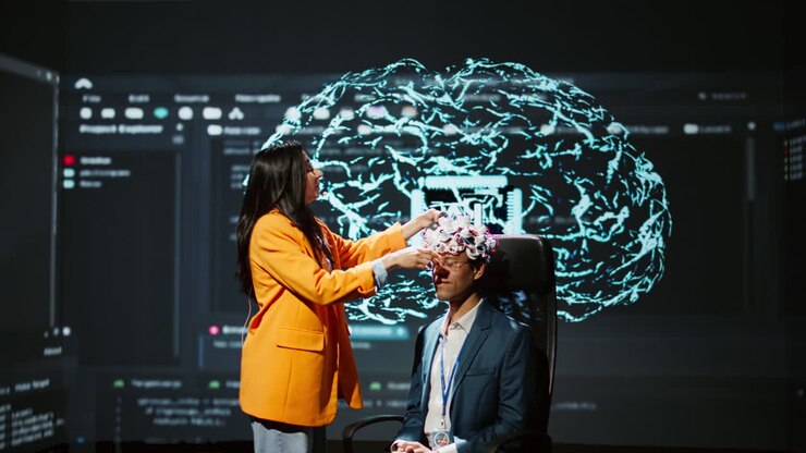 Neuroscientist does demonstration at AI forum in front of businessmen