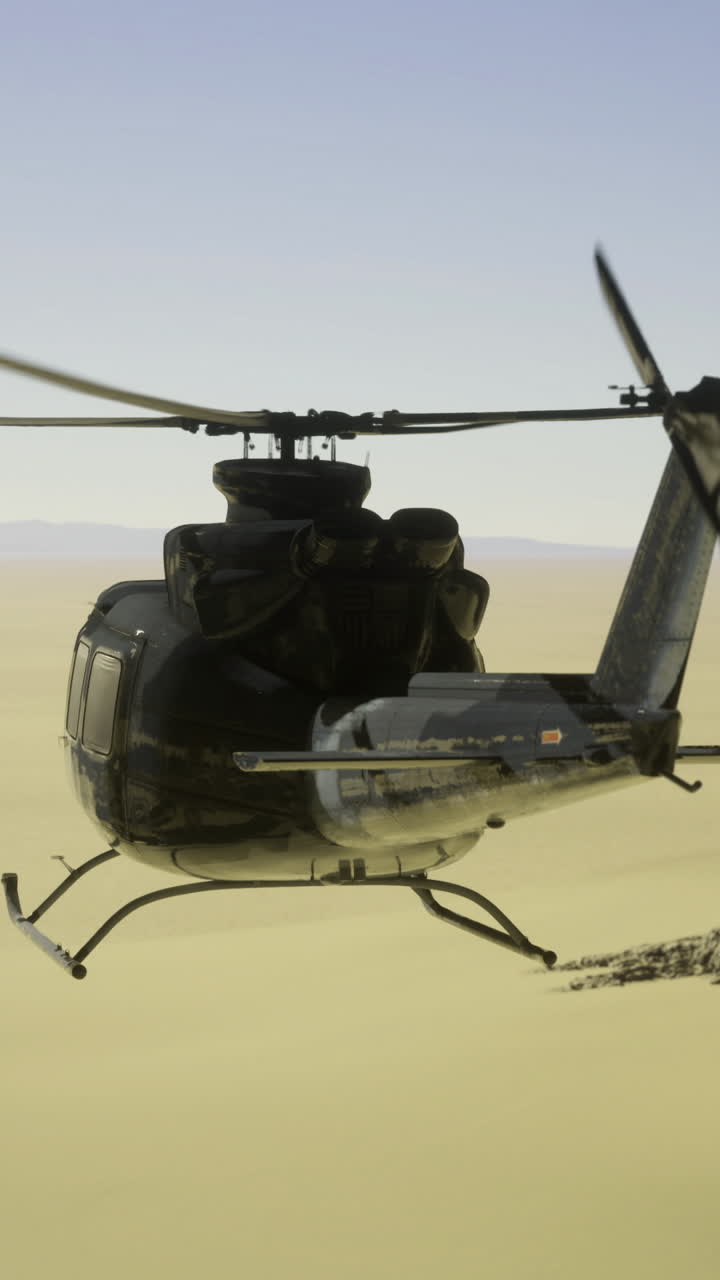 Helicopter flying over sandy desert landscape near rocky formation