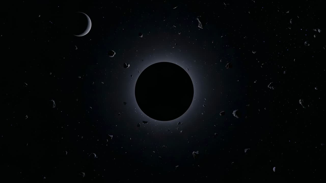 Entering left crescent moon revealing central disc in space, halo pulsing and asteroids drifting