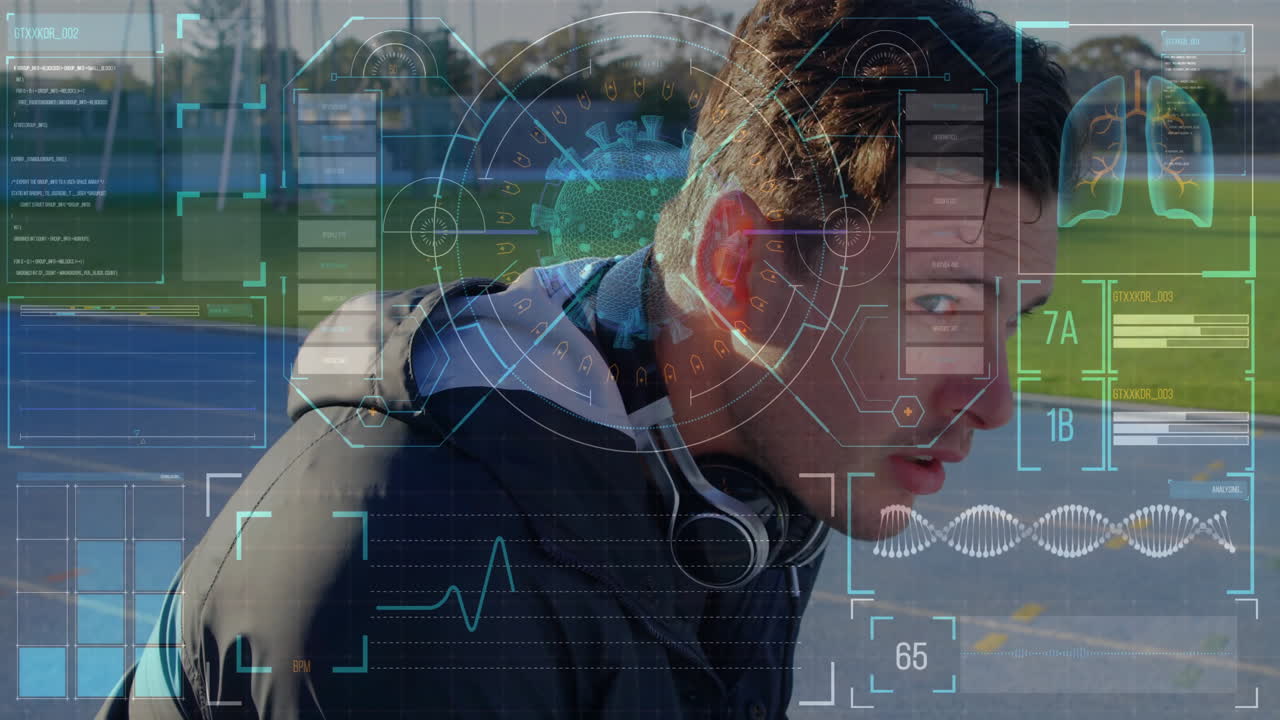 다이어그램의 애니메이션과 과학 데이터 처리 백인 스포츠맨