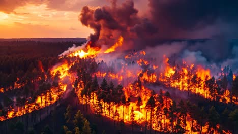 a large fire burns in the middle of a forest