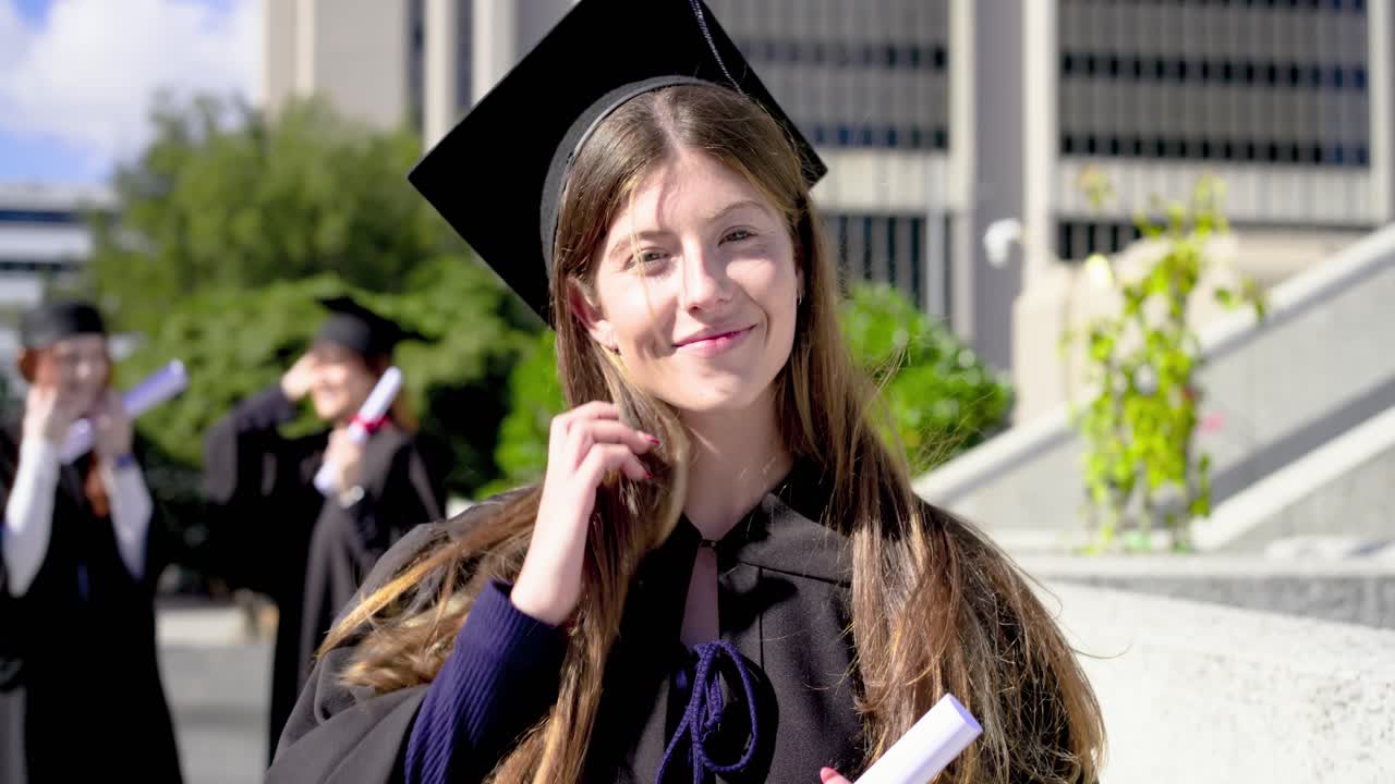 Donna laureata che tiene un diploma con nastro rosso, indossa una toga, sorride, alza un braccio e festeggia nel campus