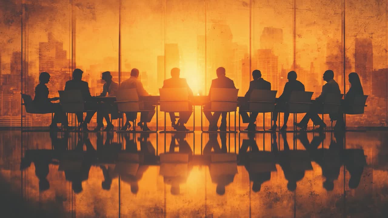 Eine gemeinsame Vision: Führungskräfte in einer Strategiesitzung bei Sonnenuntergang über der Stadtsilhouette mit Reflexionen