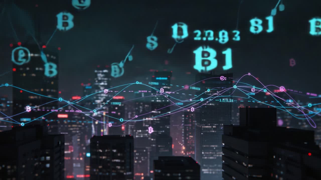 A Futuristic Cityscape Enhanced with Digital Financial Data Visualizations: Cryptocurrencies and Market Trends Illuminating the Night Skyline