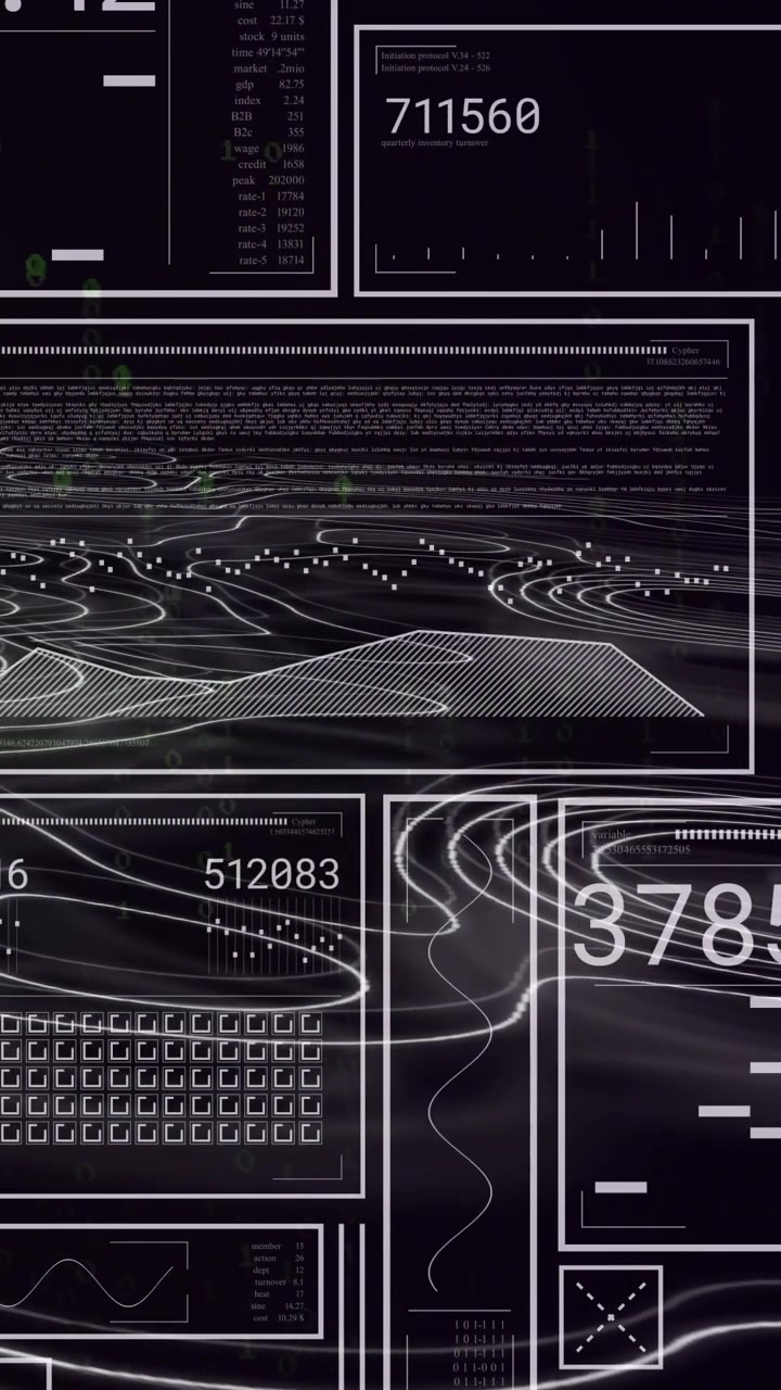 Vertical video: Layered HUD receiving pulse, updating contours, readouts, charts to show trends