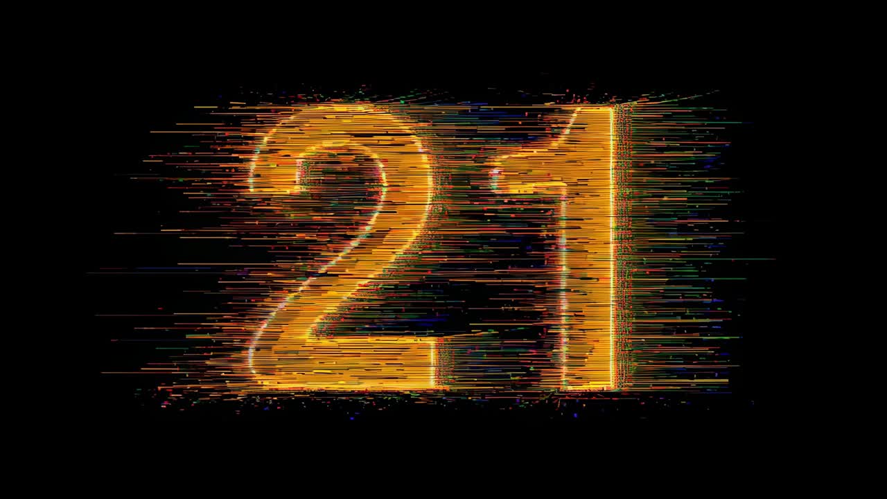 Looping count-reveal numeral 21 pulsing orange glow with color streaks and fringe over black void