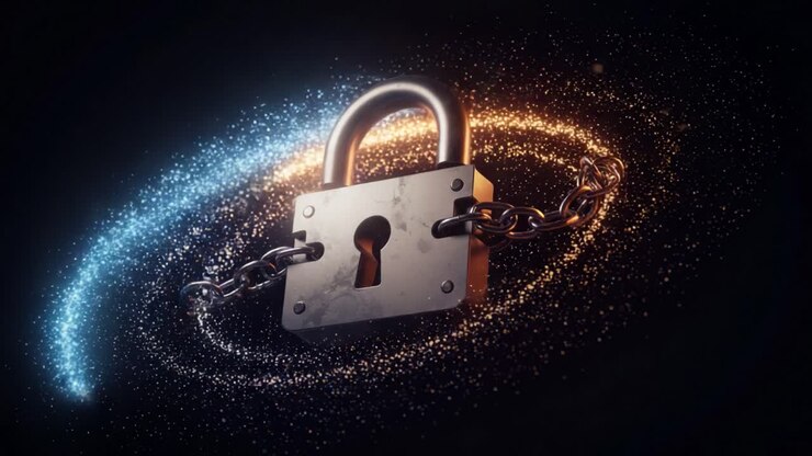 A Shimmering Lock Surrounded by a Spiral of Golden Particles, Symbolizing Security, Privacy, and Protection in a Digital Age