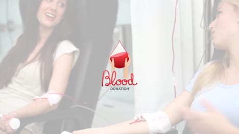 animation of blood drop and blood donation text over smiling caucasian female patients