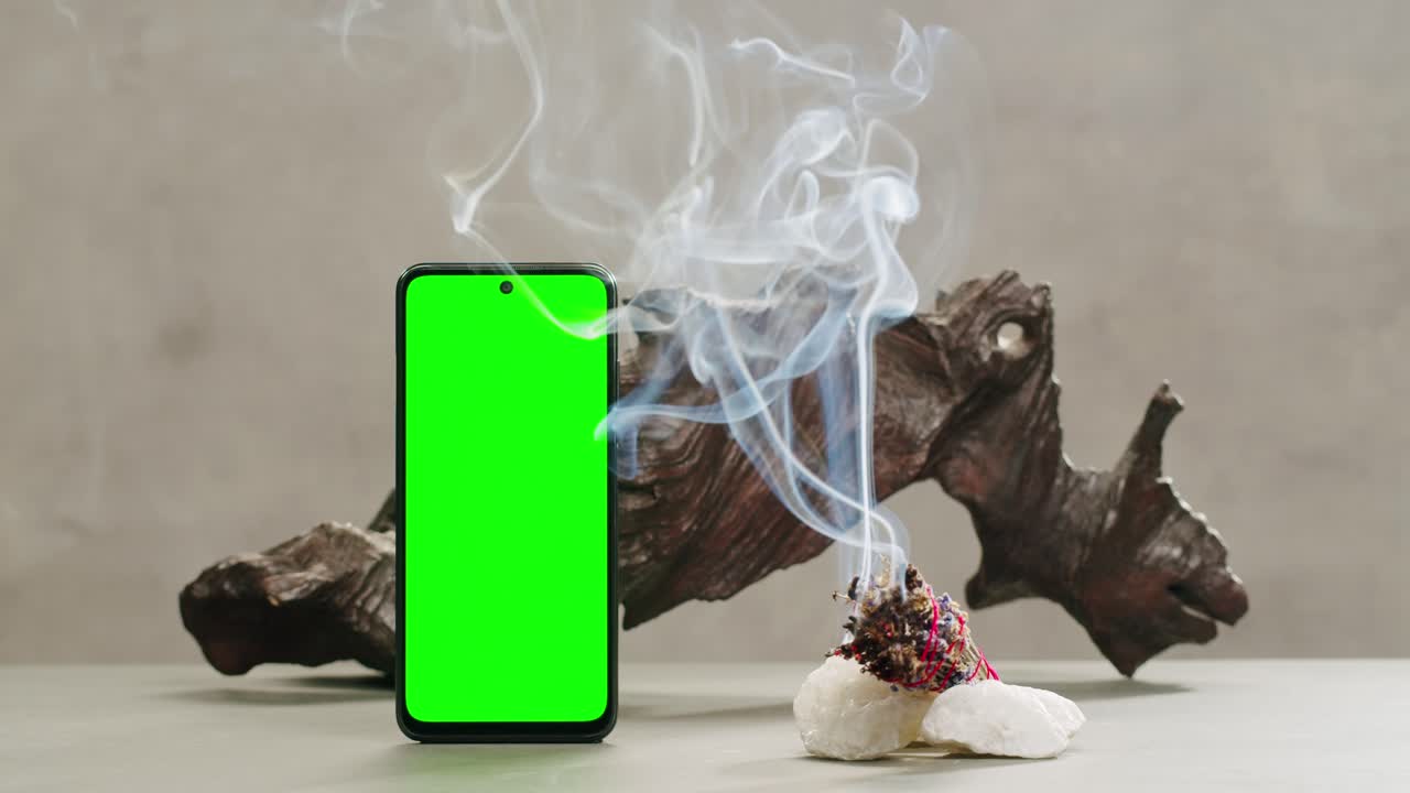 Person holding Palo Santo wood stick in hand, aromatic Palo Santo burning on black background, smoke spreading around, slow motion video clip, high quality 4k close up footage. High quality 4k footage