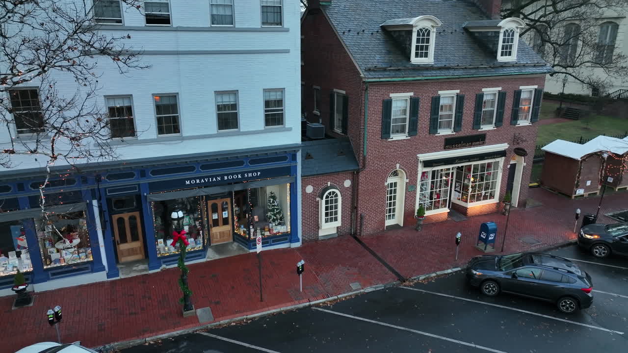 Moravian Book Shop and store in restored old vintage home in Bethlehem Pennsylvania. Aerial at Christmas.