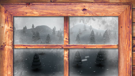 Animation-of-snow-falling-and-christmas-winter-scenery-seen-through-window