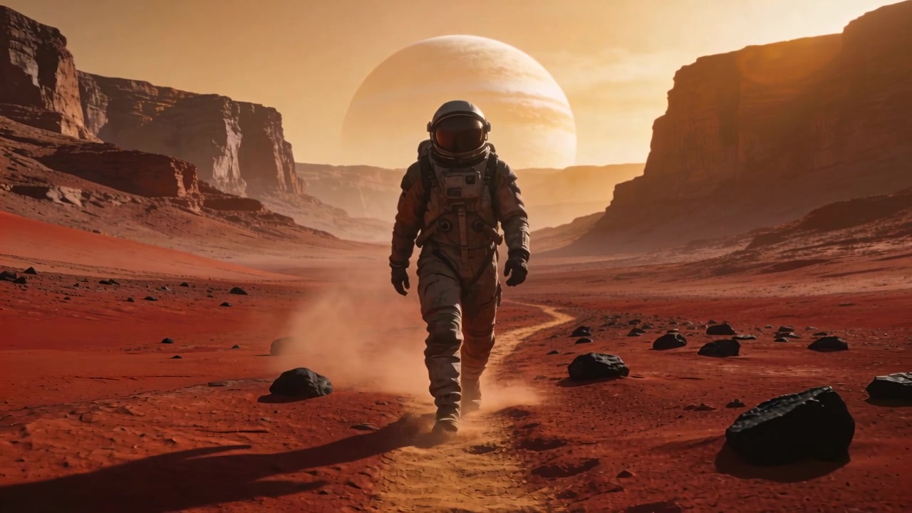 Un astronauta in tuta spaziale cammina, compiendo il primo passo lungo un sentiero nel canyon, sollevando polvere con le sue impronte.