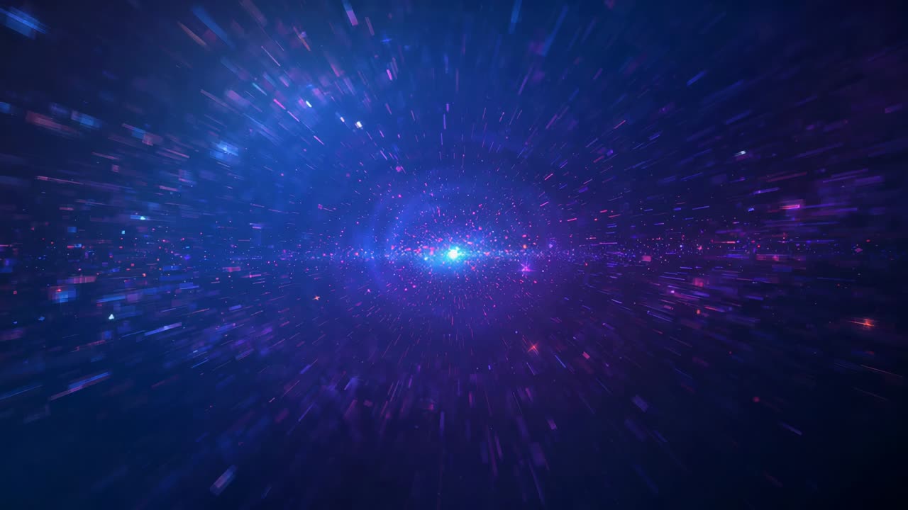 Starting faint point, blue core growing into expanse in space, forming halo rings, emitting motes